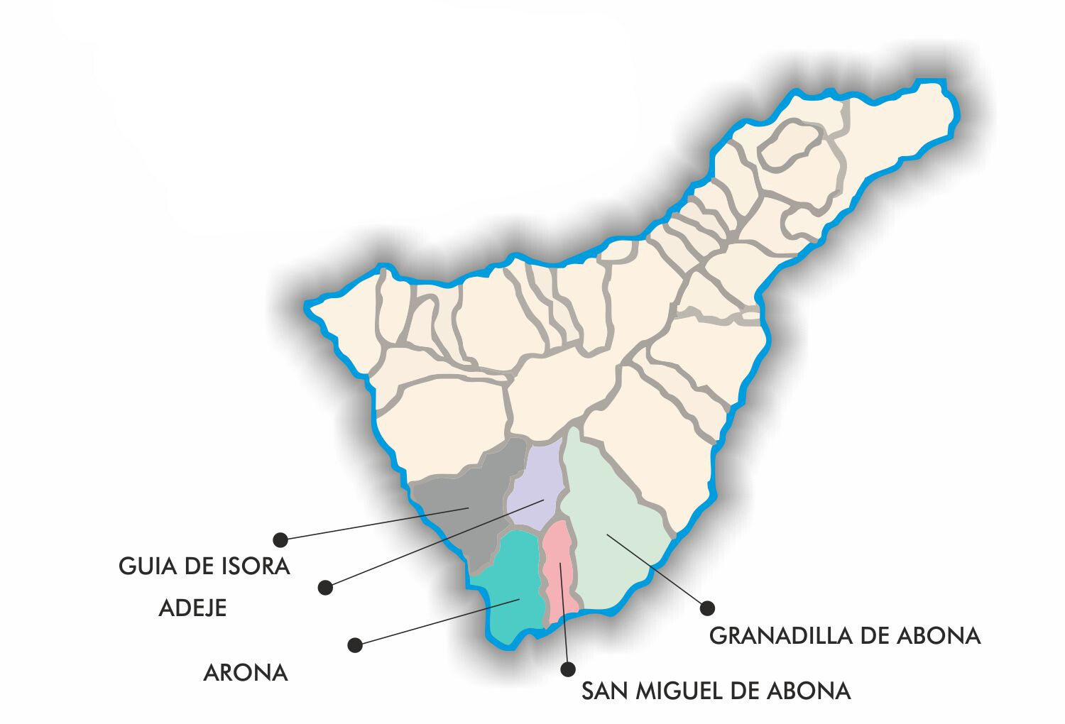 Mapa de la isla de Tenerife con las zonas donde realizamos servicios a domicilio