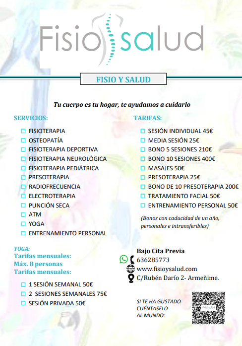 carta de servicios y tarifas fisio y salud Imagen que muestra una carta con todos nuestros servicios y tarifas, con el contacto para poder contratar el servicio